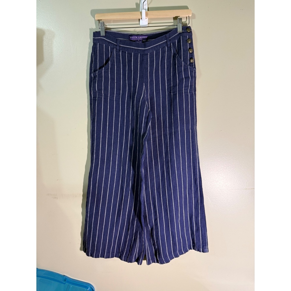 Ralph Lauren Collection Purple Label Linen Striped Wide Leg Pants Navy Blue 8